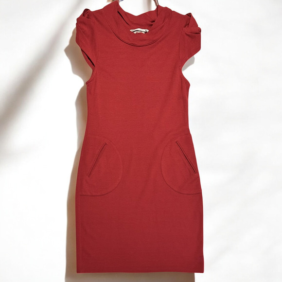 Yoana Baraschi Anthro Red Bodycon Dress Career Party Pockets Cap Sleeve Size 6 - Picture 2 of 10